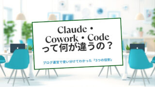 Claude・Cowork・Codeの違いを解説する記事のアイキャッチ画像。ブログ運営で使い分けてわかった3つの役割