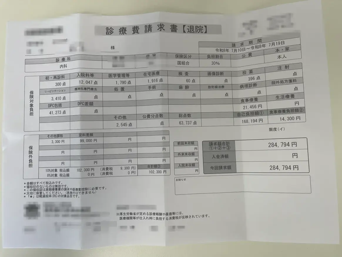 入院10日間の診療費請求書。自己負担額168,194円、限度額区分イ、合計284,794円(個人情報はぼかし済み)