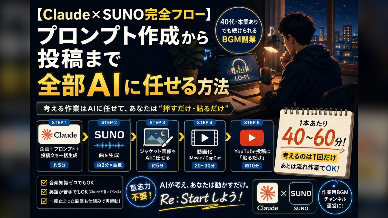 Claude×SUNO完全フロー|プロンプト作成から投稿まで全部AIに任せる方法(5ステップ・1本40〜60分)