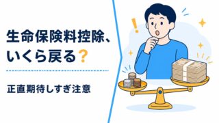 生命保険料控除はいくら戻る?正直期待しすぎ注意の記事アイキャッチ。天秤で硬貨と札束を比較