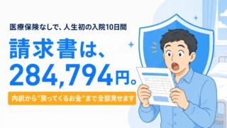 医療保険なしで入院10日間、請求書は284,794円というテキストと請求書を見て驚く男性のイラスト