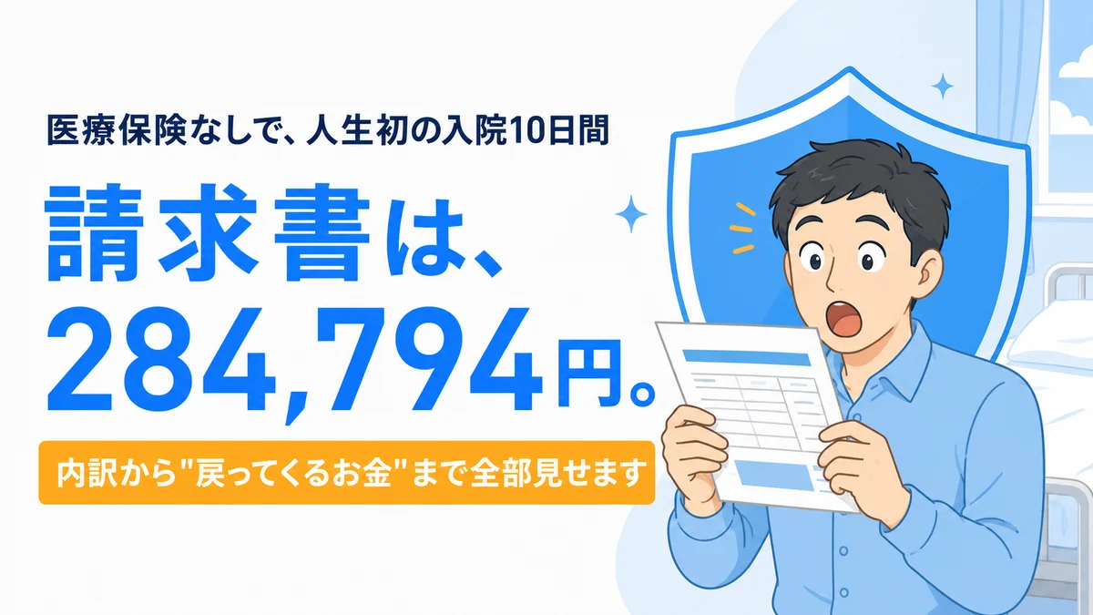 医療保険なしで入院10日間、請求書は284,794円というテキストと請求書を見て驚く男性のイラスト