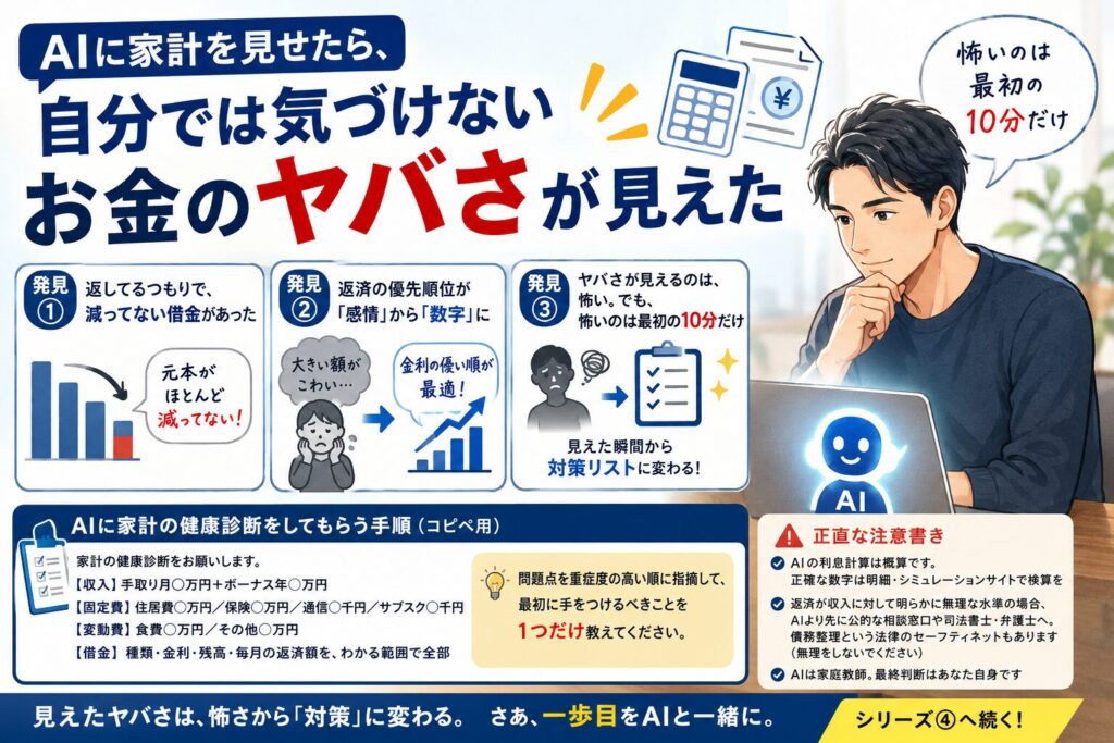 AIに家計を見せたら自分では気づけないお金のヤバさが見えた。3つの発見と家計の健康診断を頼む手順、正直な注意書きの図解まとめ