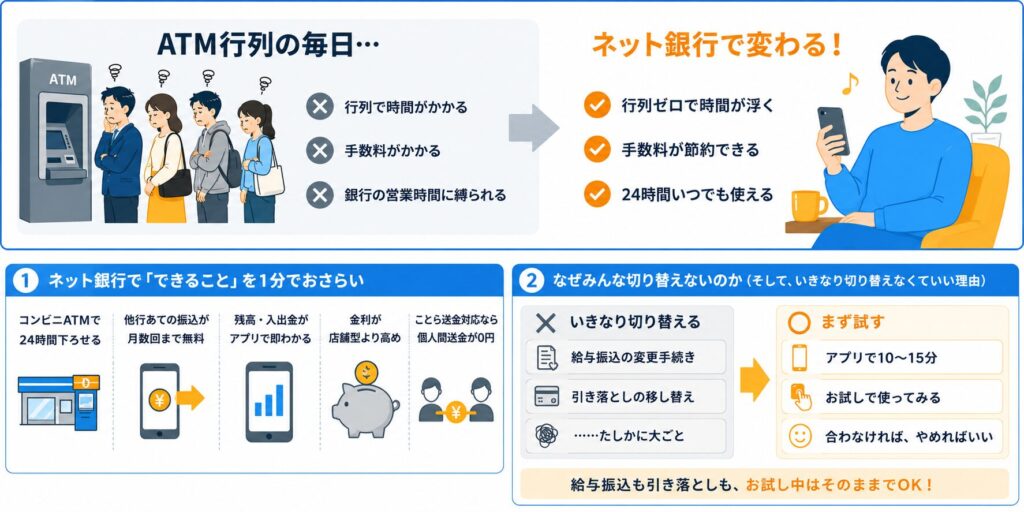 ATM行列の毎日がネット銀行で変わる。できること5つのおさらいと、いきなり切り替えずにまず試すことの比較図解