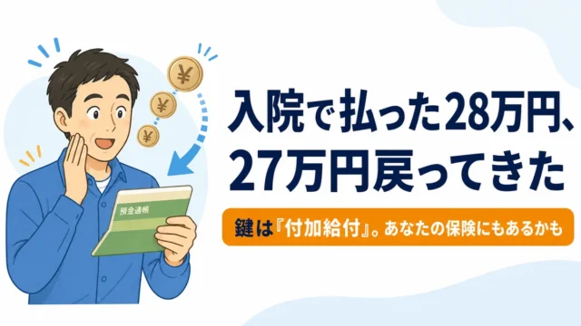 入院で払った28万円のうち27万円が戻ってきたことを表すイラスト。鍵は付加給付